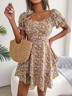 Women Mini Dress Temperament Big Swing Loose Hem Flower Print Shirring Dress up Short Sleeves High Waist Summer Dress Clothes