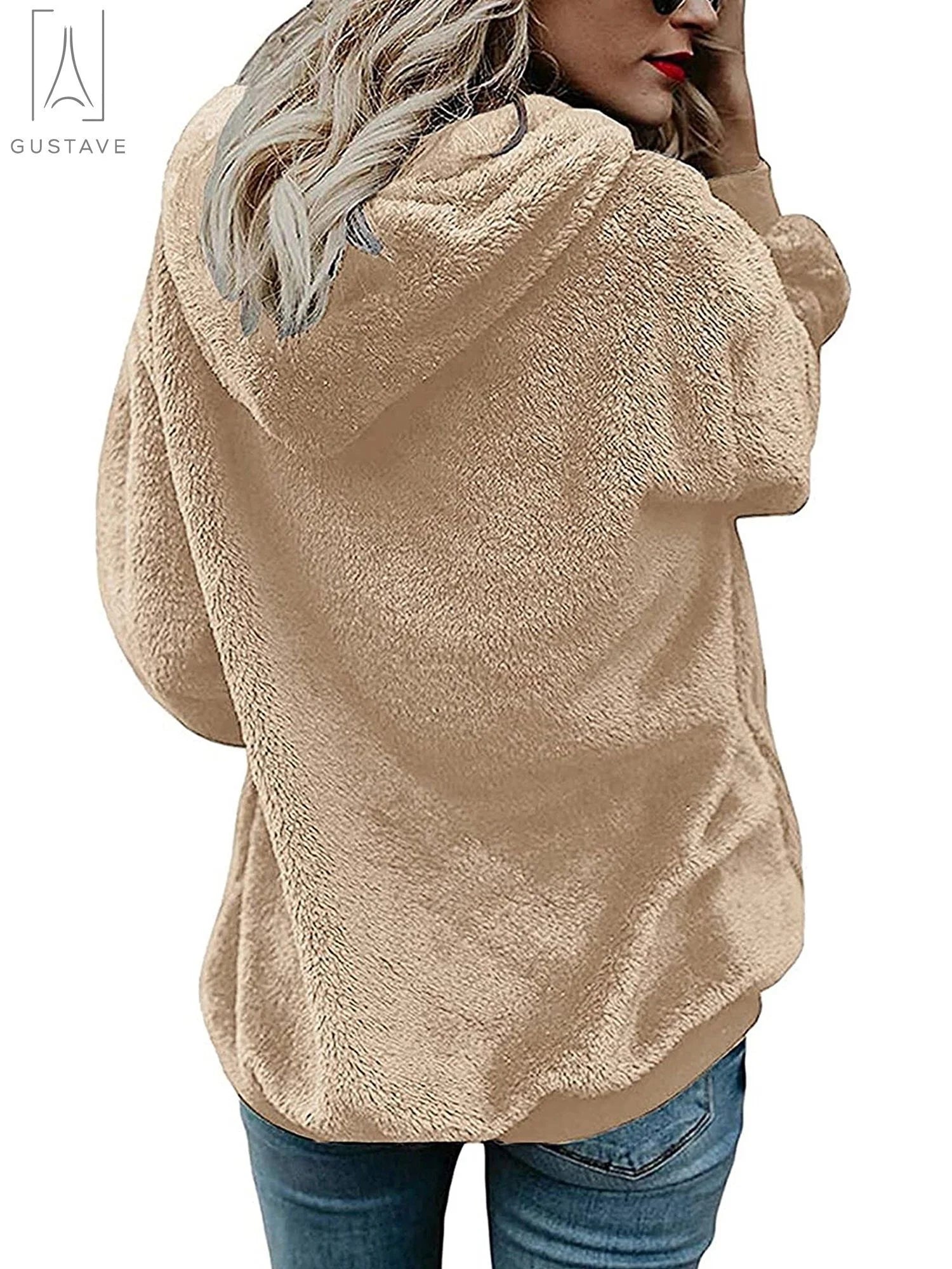 Women'S Fleece Long Sleeve Pullover Hoodies with 1/4 Zip up Sweatshirt Jumper Warm Sweaters (Apricot, L)