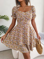 Women Mini Dress Temperament Big Swing Loose Hem Flower Print Shirring Dress up Short Sleeves High Waist Summer Dress Clothes