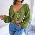 Women Sweater 2025 Autumn Casual Sexy Bow Long Sleeve Knitted Pullovers Crop Tops Blue Green White Red