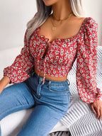 Women Casual Floral Print Lace up Long Sleeve Crop Tops Chiffon Blouse Summer Autumn