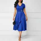 Ladies Cocktail Party Dress Casual V-Neck Short Sleeved Lace up Waist Dress Ladies Asymmetric Wide Hem Dress Evening Party Dress