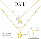 Shell Necklace for Women,14K Gold Plated Layered Starfish Conch Seashell Pearl P