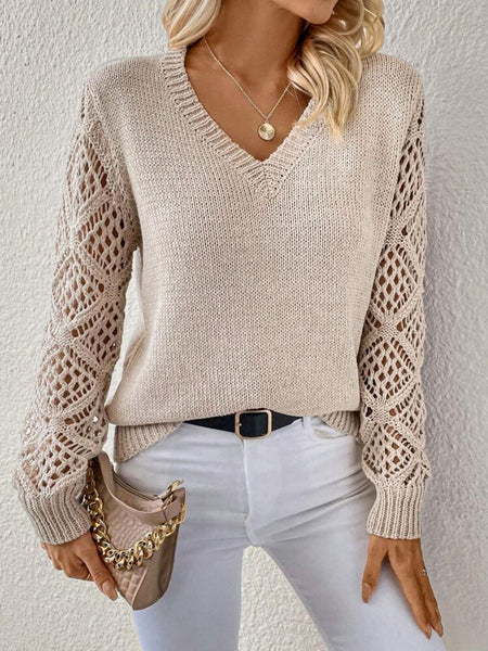 Solid V-Neck Pullover Fall Sweater with Hollow Long Sleeve Fashion Top