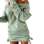 Off Shoulder Ruffled Drawstring Sexy Robe Autumn Pure Women Long Sleeve Mini Pencil Dress Sweatshirt Streetwear Dresses Female