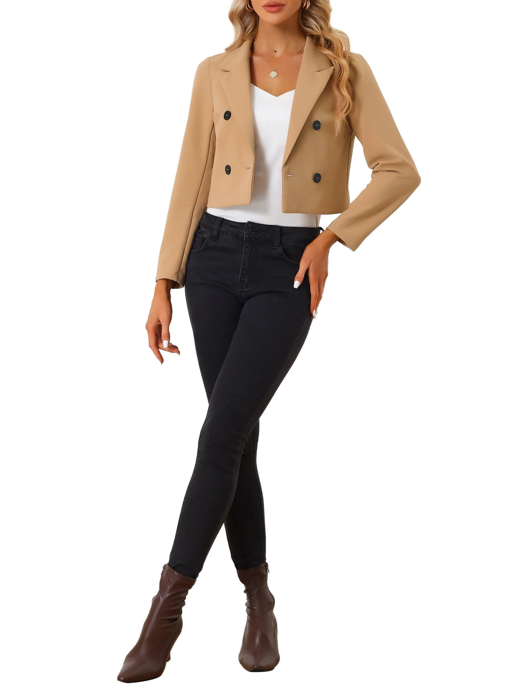 Cropped Blazer Jacket for Women'S Notched Lapel Collar Casual Office Blazers L Khaki