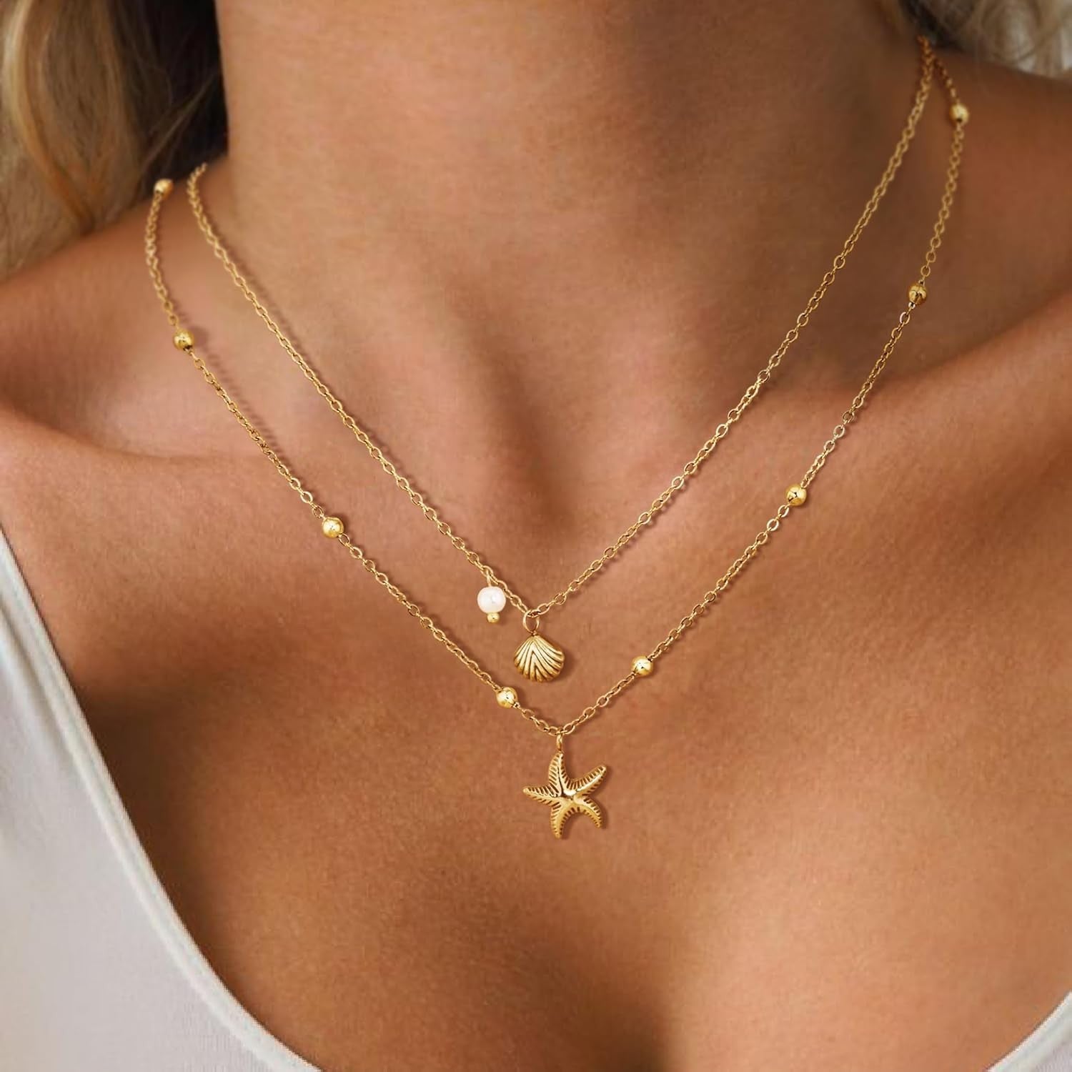 Shell Necklace for Women,14K Gold Plated Layered Starfish Conch Seashell Pearl P