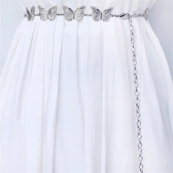 1Pc Fashionable Silvery Butterfly Belts for Ladies Smooth Metal Chain Belts Summer Dress Belts