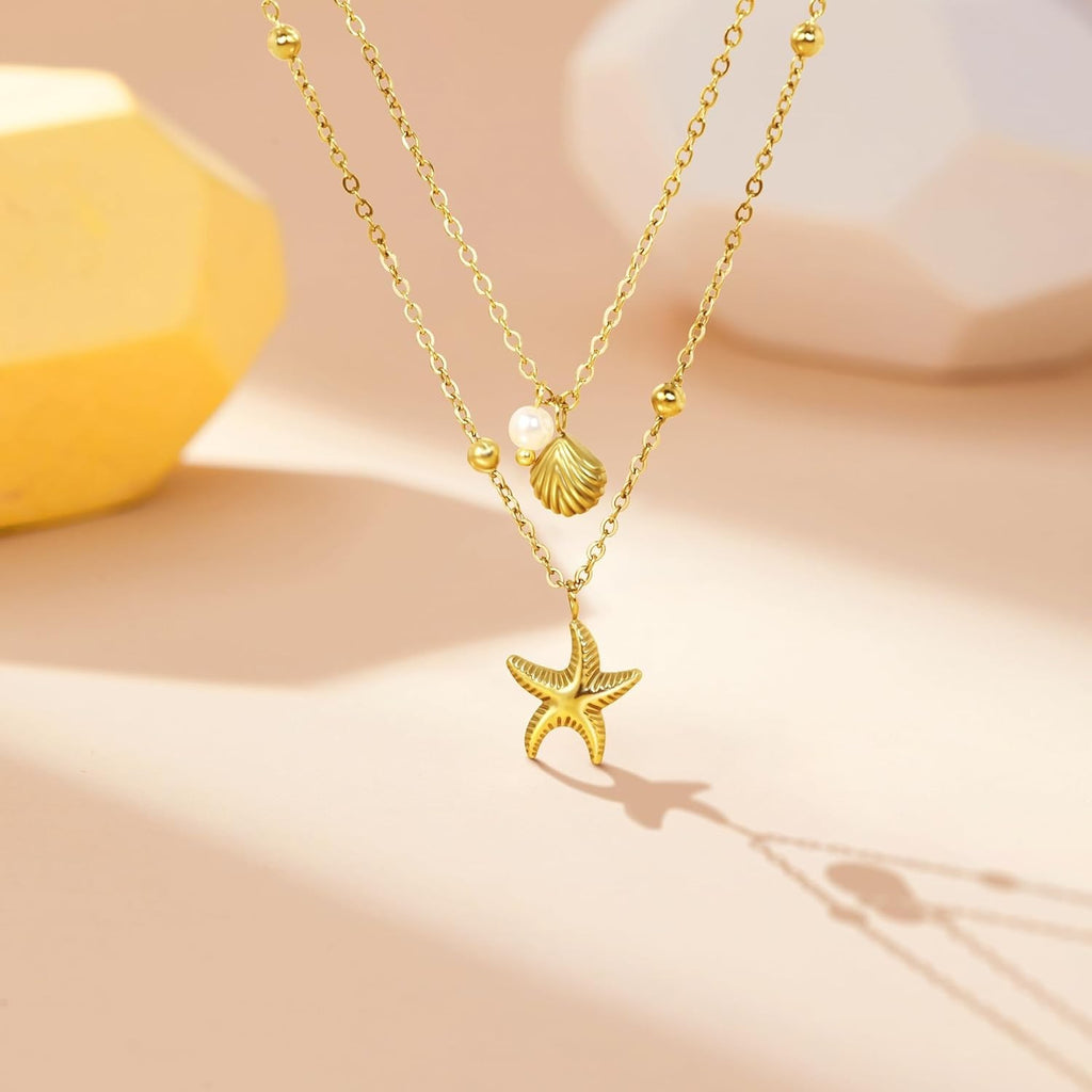 Shell Necklace for Women,14K Gold Plated Layered Starfish Conch Seashell Pearl P