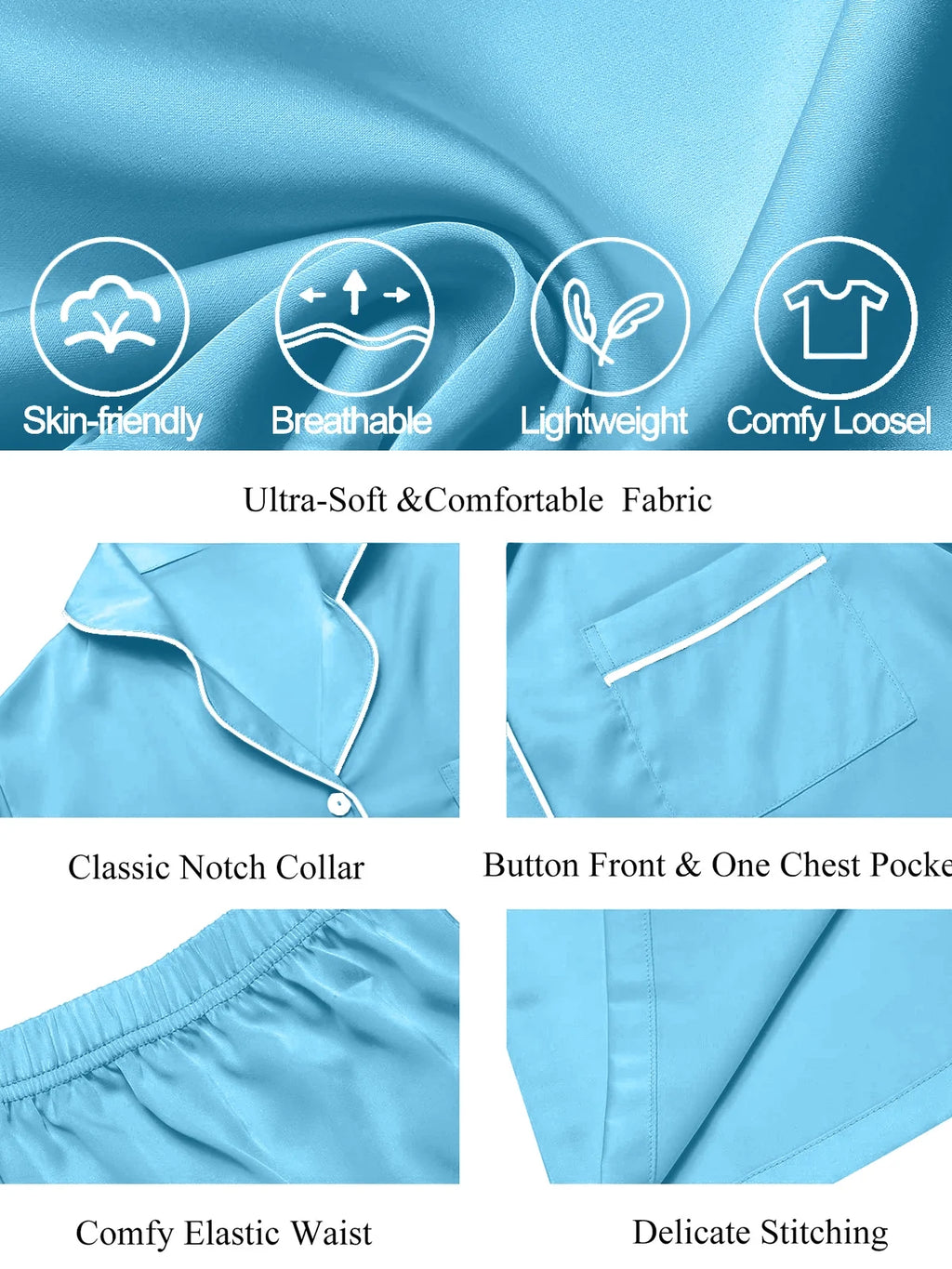 Womens Silk Pajama Sets Satin Pajamas for Women Set Short Sleeve Shirt with Shorts 2 Piece Pjs Sets Soft Silky Sleepwear Nightwear Button-Down Loungewear S-XL