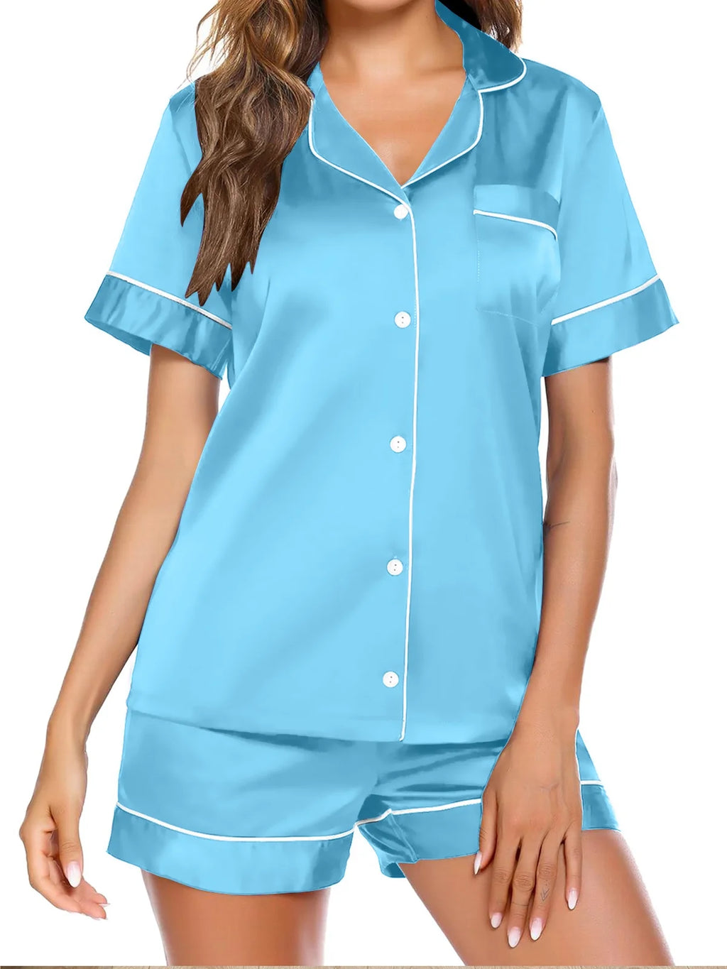 Womens Silk Pajama Sets Satin Pajamas for Women Set Short Sleeve Shirt with Shorts 2 Piece Pjs Sets Soft Silky Sleepwear Nightwear Button-Down Loungewear S-XL
