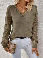 Solid V-Neck Pullover Sweater with Hollow Long Sleeve Fashion Tops for Women Clothing