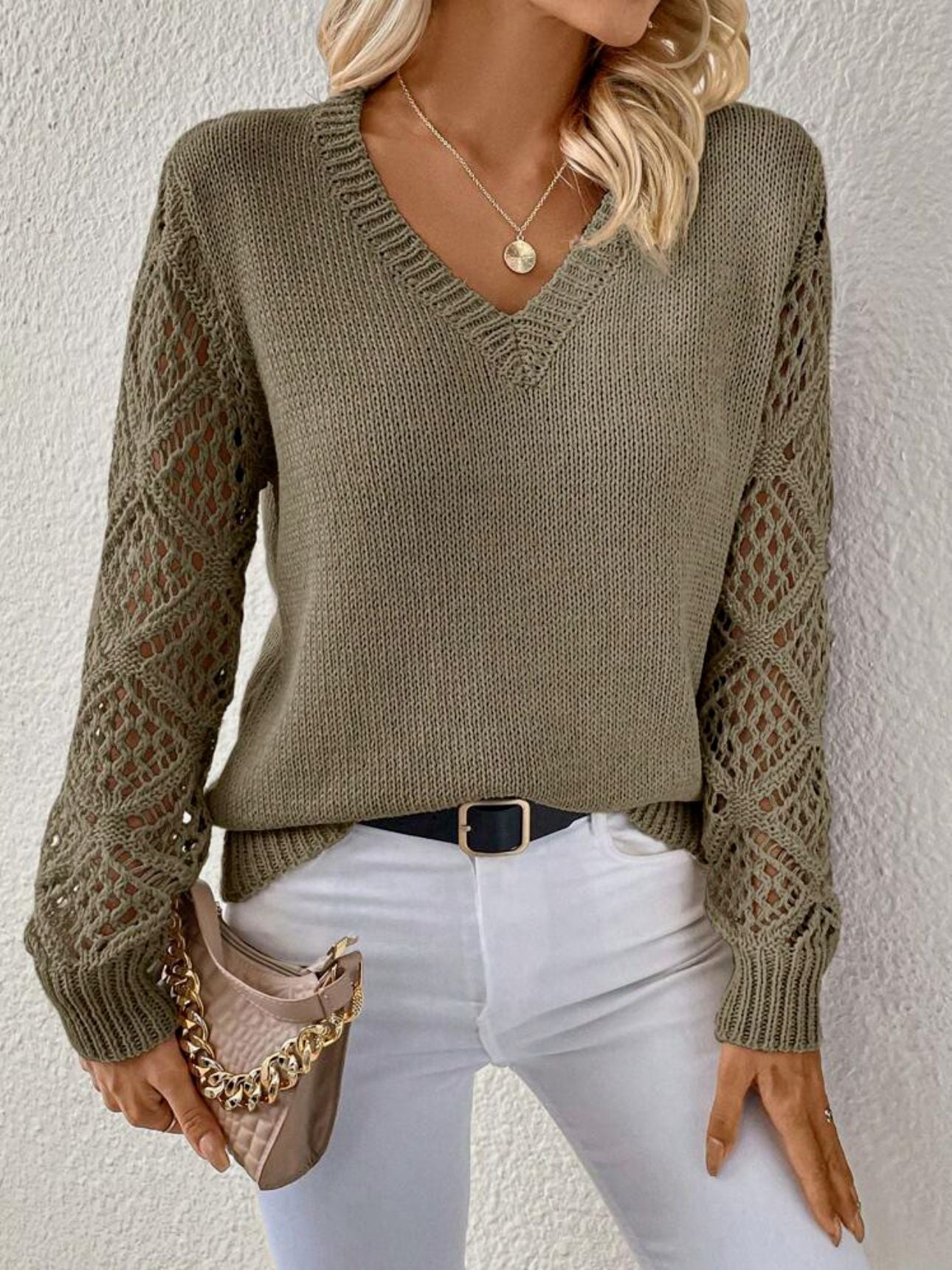 Solid V-Neck Pullover Sweater with Hollow Long Sleeve Fashion Tops for Women Clothing