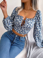 Women Casual Floral Print Lace up Long Sleeve Crop Tops Chiffon Blouse Summer Autumn