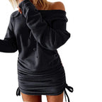 Off Shoulder Ruffled Drawstring Sexy Robe Autumn Pure Women Long Sleeve Mini Pencil Dress Sweatshirt Streetwear Dresses Female