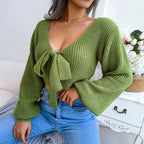 Women Sweater 2025 Autumn Casual Sexy Bow Long Sleeve Knitted Pullovers Crop Tops Blue Green White Red