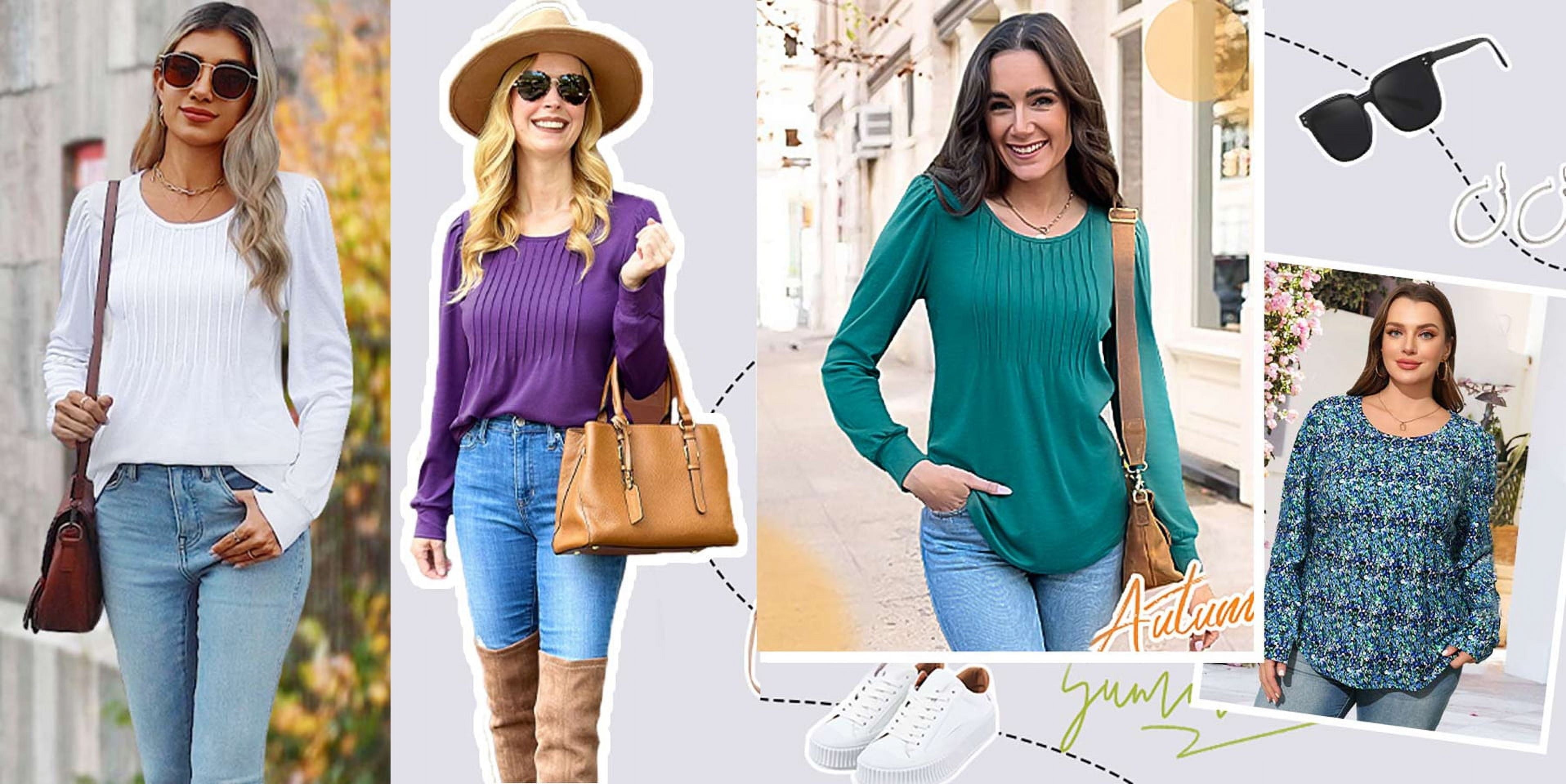 Pleated Blouses for Women Dressy Casual Long Sleeve Shirts Fall Tunic Tops