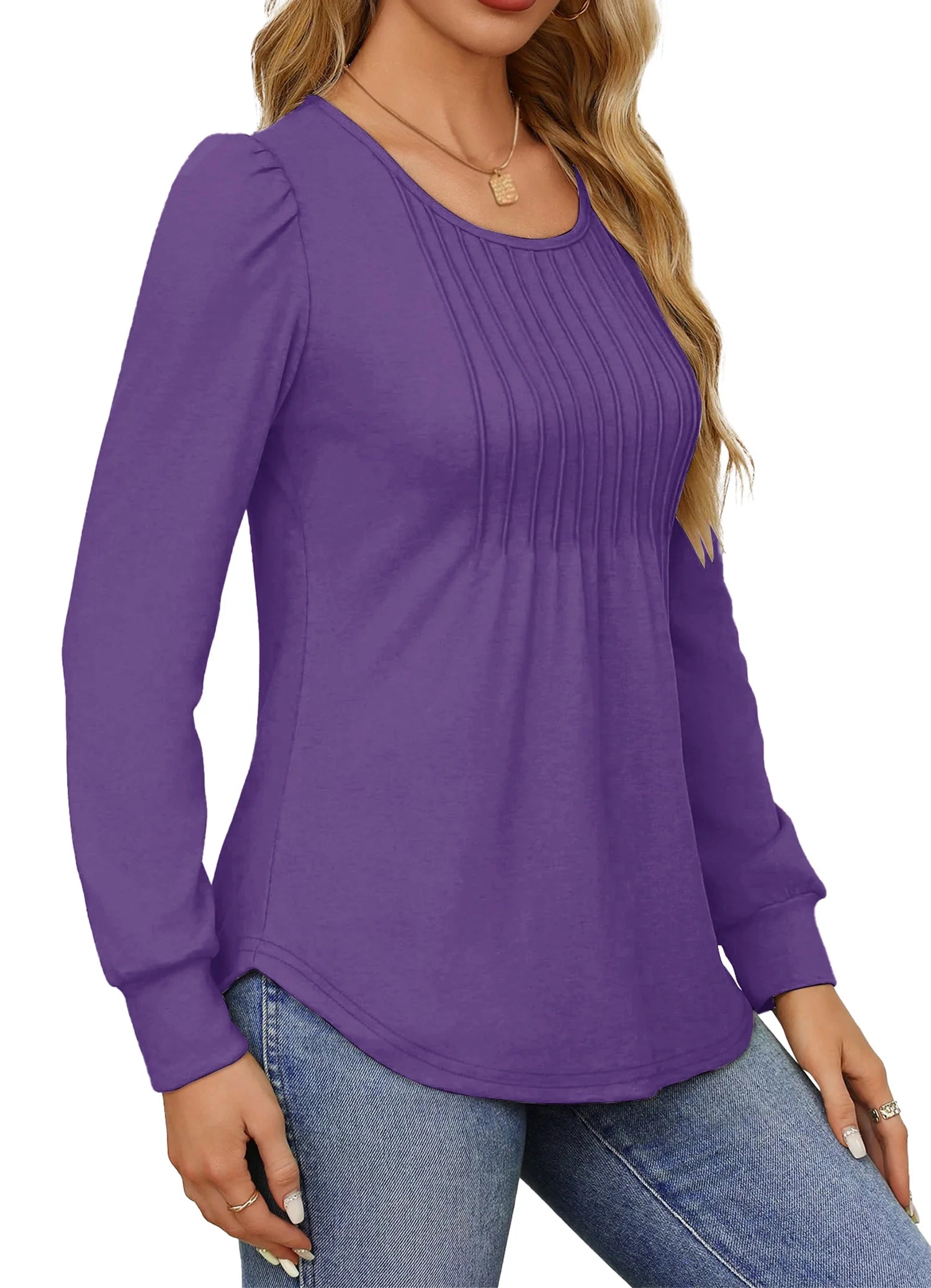 Pleated Blouses for Women Dressy Casual Long Sleeve Shirts Fall Tunic Tops