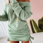 Off Shoulder Ruffled Drawstring Sexy Robe Autumn Pure Women Long Sleeve Mini Pencil Dress Sweatshirt Streetwear Dresses Female