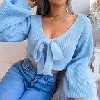Women Sweater 2025 Autumn Casual Sexy Bow Long Sleeve Knitted Pullovers Crop Tops Blue Green White Red