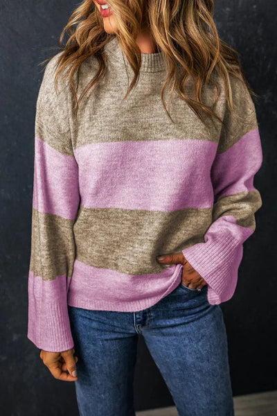 Renata Ladies Stripe Crew Neck Wide Sleeve Colorblock Sweater