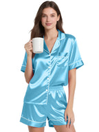 Womens Silk Pajama Sets Satin Pajamas for Women Set Short Sleeve Shirt with Shorts 2 Piece Pjs Sets Soft Silky Sleepwear Nightwear Button-Down Loungewear S-XL