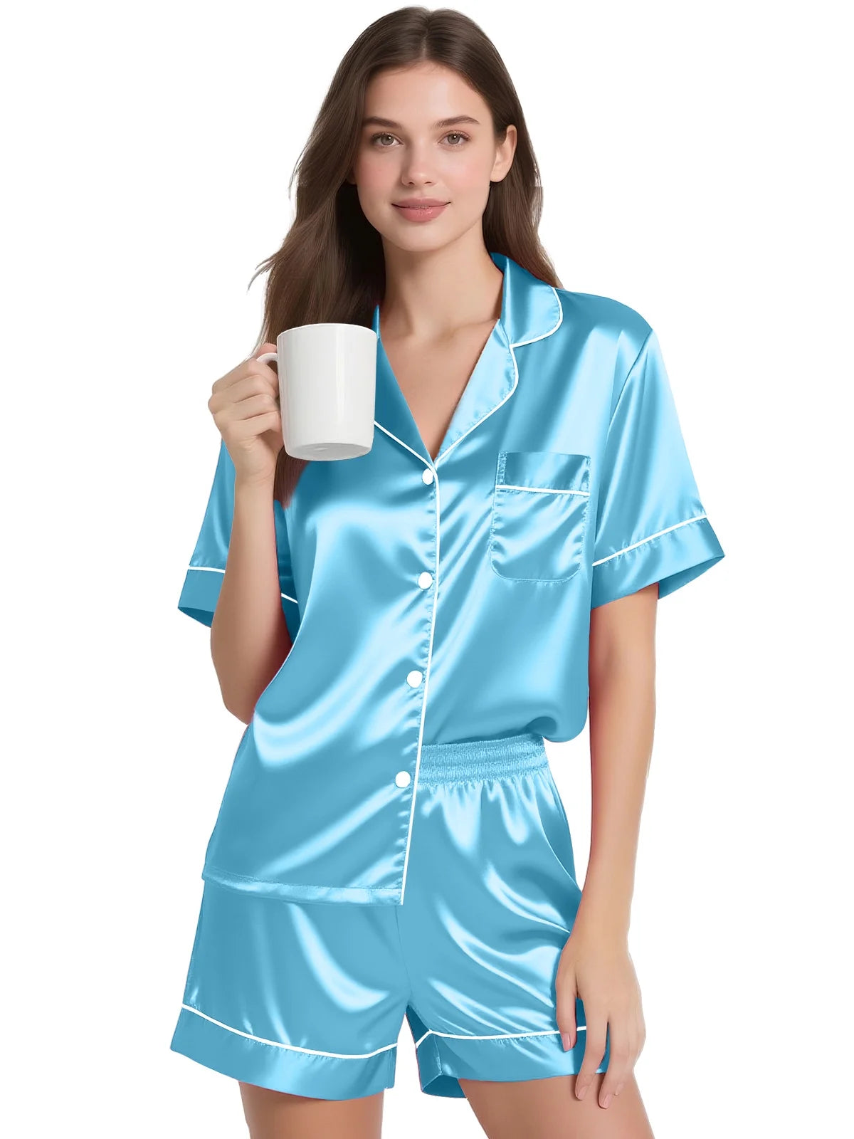Womens Silk Pajama Sets Satin Pajamas for Women Set Short Sleeve Shirt with Shorts 2 Piece Pjs Sets Soft Silky Sleepwear Nightwear Button-Down Loungewear S-XL