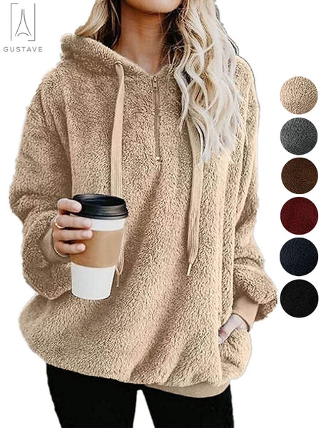 Ladies Fleece Long Sleeve Pullover Hoodies with 1/4 Zip up Sweatshirt Jumper Warm Sweaters