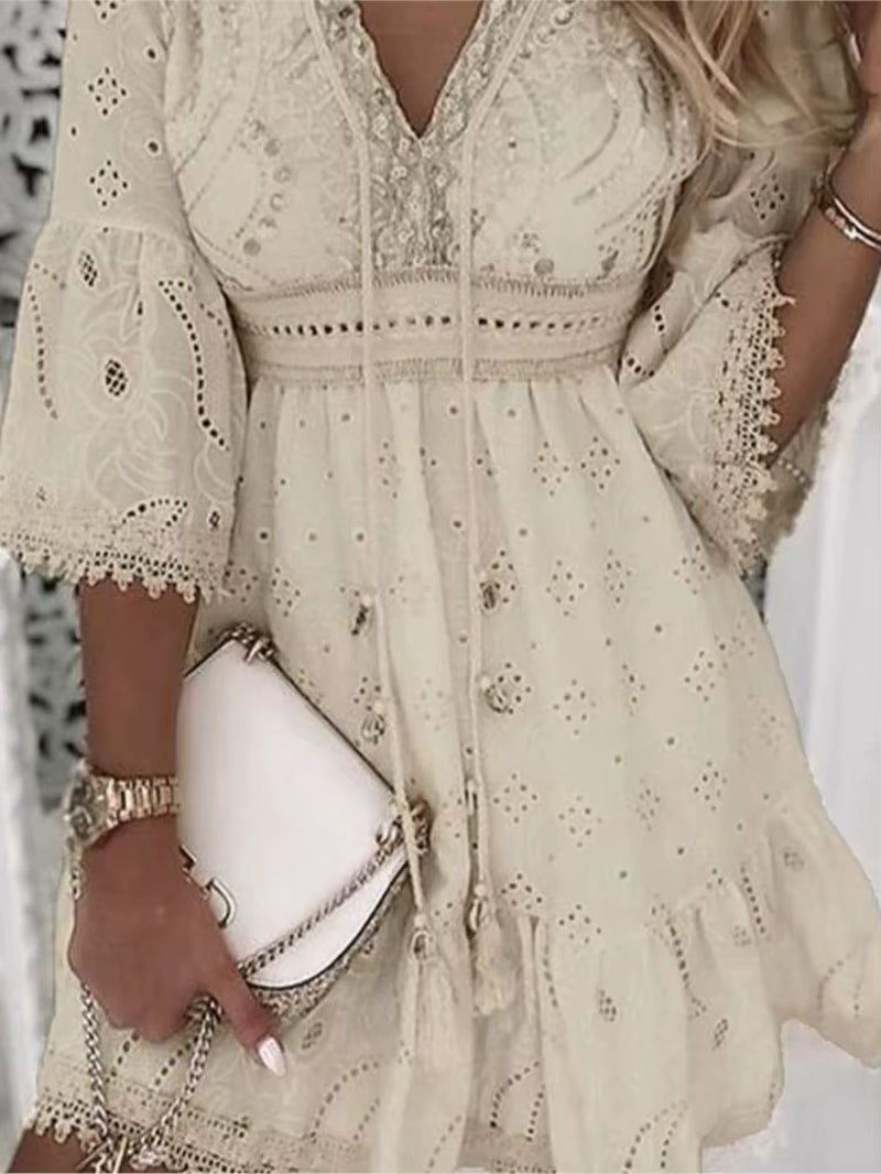 Elegant Women White Hollow Lace Mini Dress Summer V-Neck Patchwork Lace up Three Quarter Sleeve Ladies Vacation Beach Dresses