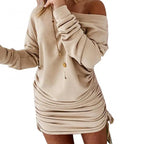 Off Shoulder Ruffled Drawstring Sexy Robe Autumn Pure Women Long Sleeve Mini Pencil Dress Sweatshirt Streetwear Dresses Female