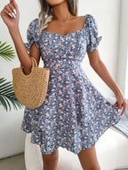 Women Mini Dress Temperament Big Swing Loose Hem Flower Print Shirring Dress up Short Sleeves High Waist Summer Dress Clothes