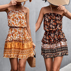Women'S Bohemian Floral Print Strapless Dress Summer Beach Dress