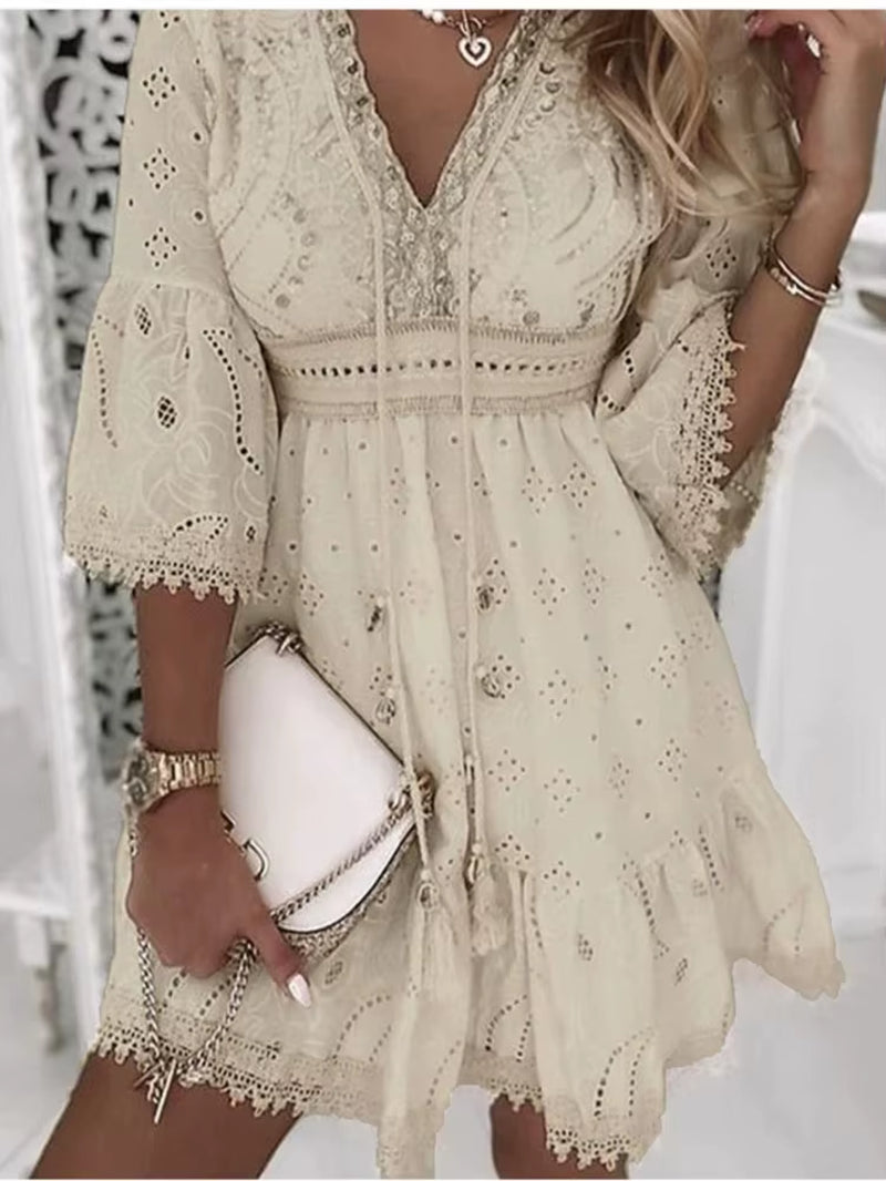 Elegant Women White Hollow Lace Mini Dress Summer V-Neck Patchwork Lace up Three Quarter Sleeve Ladies Vacation Beach Dresses