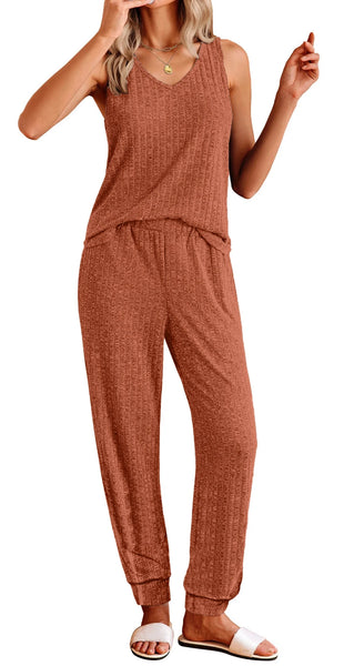 Ladies Pajamas Sets V Neck Tank Tops and Long Pants Two Piece Lounge Sets Summer Outfit Loungewear