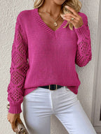 Solid V-Neck Pullover Sweater with Hollow Long Sleeve Fashion Tops for Women Clothing