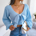 Women Sweater 2025 Autumn Casual Sexy Bow Long Sleeve Knitted Pullovers Crop Tops Blue Green White Red