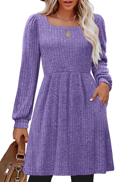 Ladies Fall Square Neck Long Sleeve Knee Length Dress with Pockets