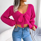 Women Sweater 2025 Autumn Casual Sexy Bow Long Sleeve Knitted Pullovers Crop Tops Blue Green White Red