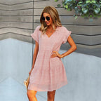 Ladies Vintage Sexy Print Short Summer Dress Women Casual V Neck Ruffles Beach Mini Chiffon Dress Women Sundress Vestidos Female