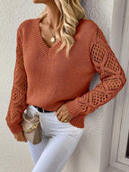 Solid V-Neck Pullover Sweater with Hollow Long Sleeve Fashion Tops for Women Clothing