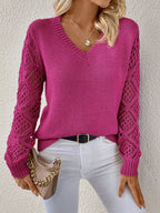Solid V-Neck Pullover Sweater with Hollow Long Sleeve Fashion Tops for Women Clothing