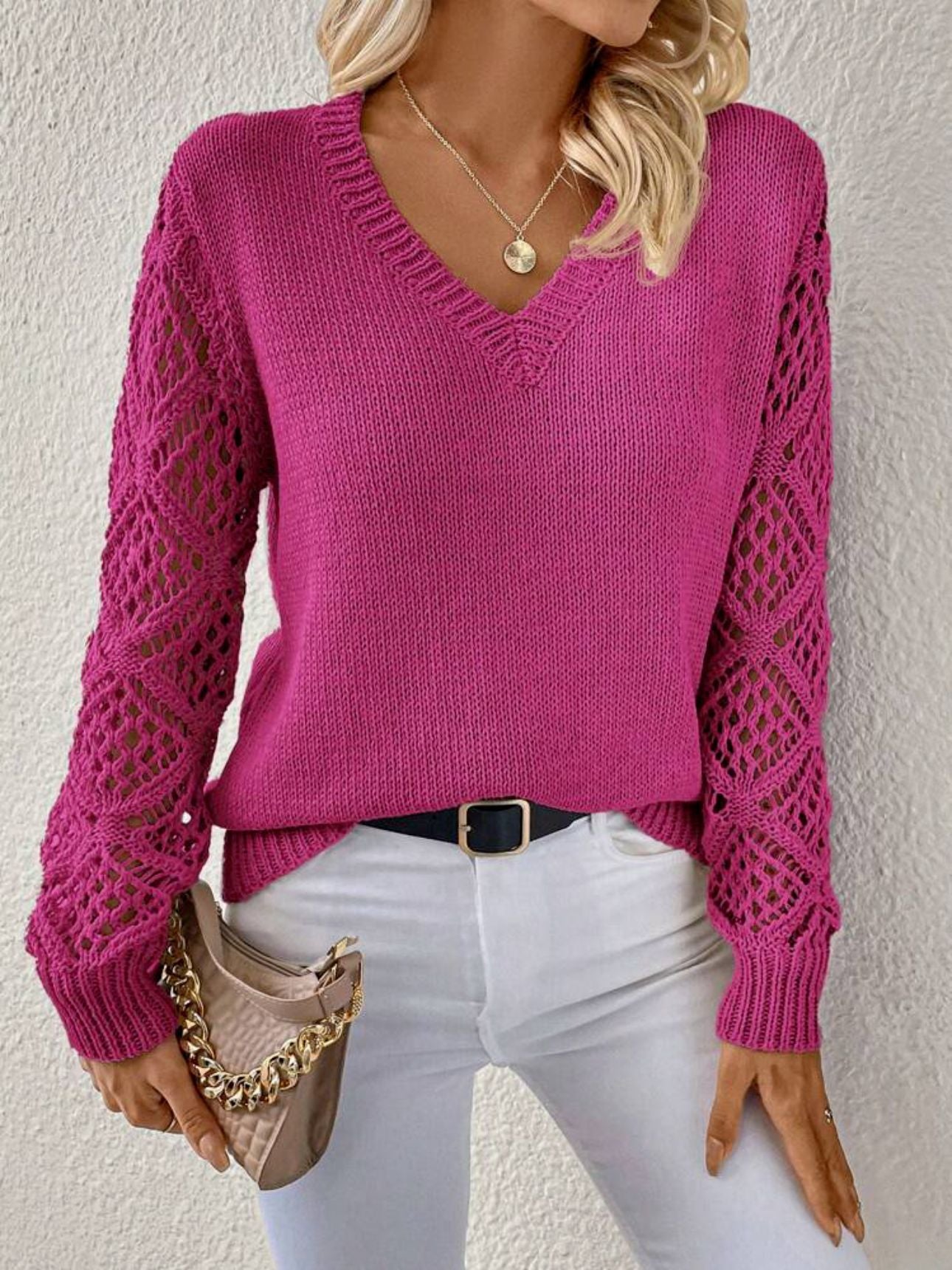 Solid V-Neck Pullover Sweater with Hollow Long Sleeve Fashion Tops for Women Clothing
