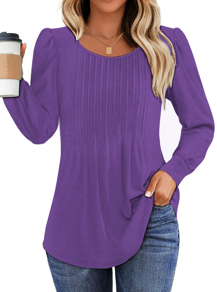 Pleated Blouses for Ladies Dressy Casual Long Sleeve Shirts Fall Tunic Tops