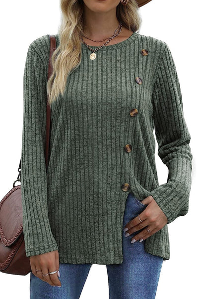 Blouses for Ladies Long Sleeve Crew Neck Tunic Tops Buttons Side Fall Shirts