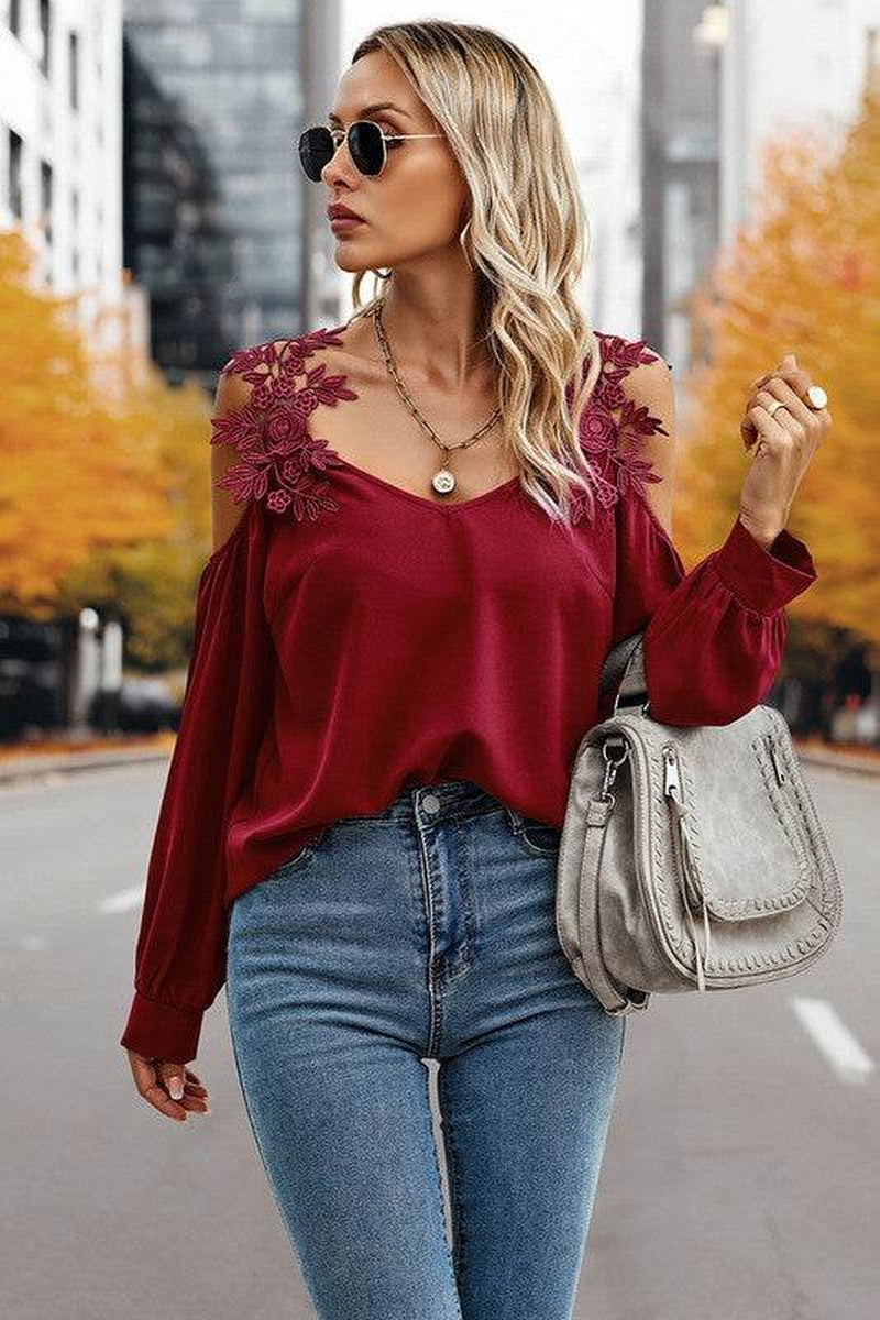 Contrast Low Back Lace Cold Shoulder Top