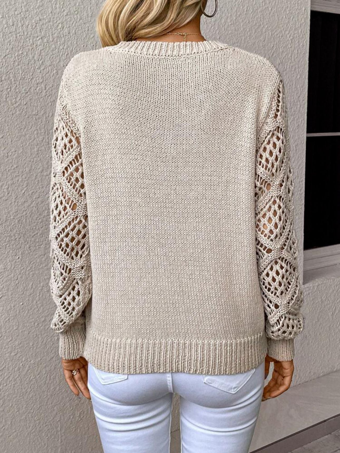 Solid V-Neck Pullover Sweater with Hollow Long Sleeve Fashion Tops for Women Clothing