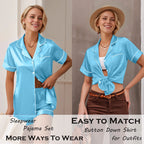 Womens Silk Pajama Sets Satin Pajamas for Women Set Short Sleeve Shirt with Shorts 2 Piece Pjs Sets Soft Silky Sleepwear Nightwear Button-Down Loungewear S-XL