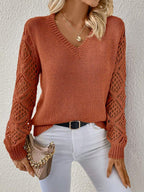 Solid V-Neck Pullover Sweater with Hollow Long Sleeve Fashion Tops for Women Clothing
