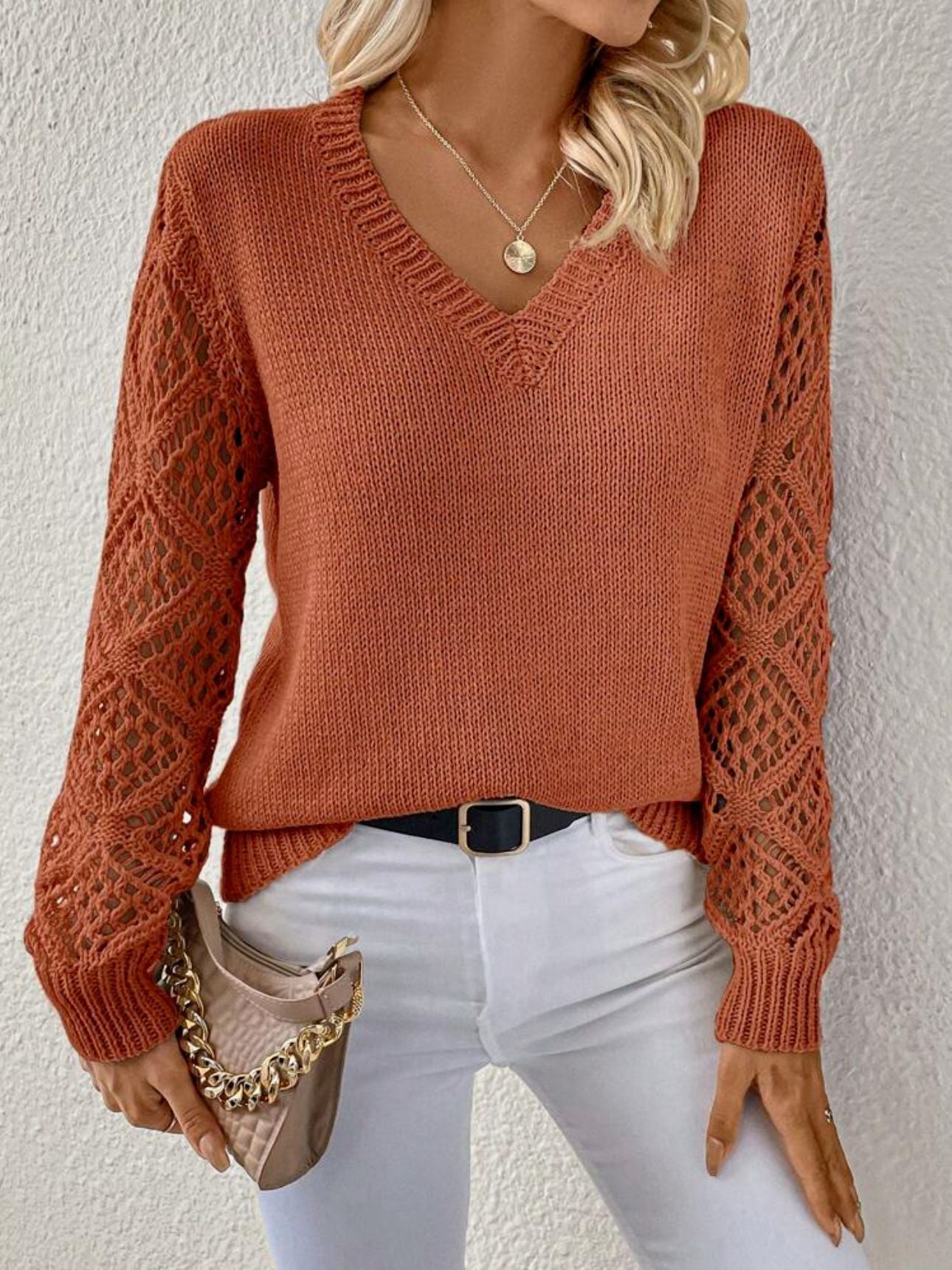 Solid V-Neck Pullover Sweater with Hollow Long Sleeve Fashion Tops for Women Clothing