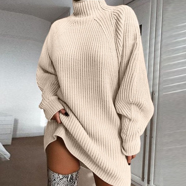 Solid Turtleneck Long Sweater Fall/Winter Warm Women Sweater Dress